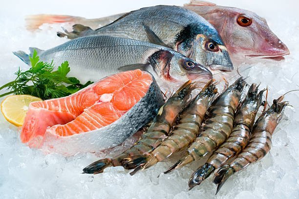 Assorted fresh seafood on ice